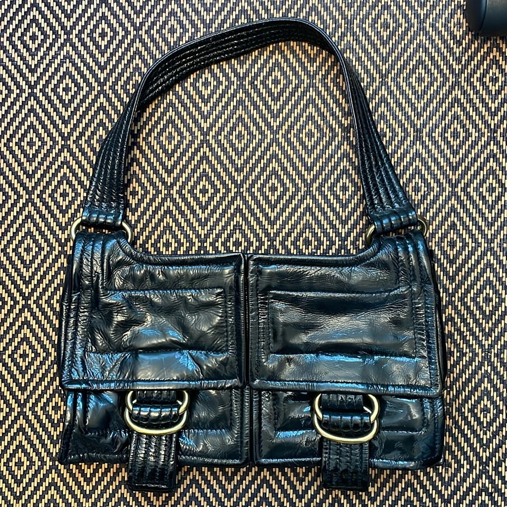 Vintage Y2K Kooba black patent baguette shoulder bag with gold tone buckles